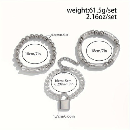 Beaded Bracelet - S925 Silver Punk Set for Women 3pcs Stackable Bangles with Lock Pendant - product detail view 2