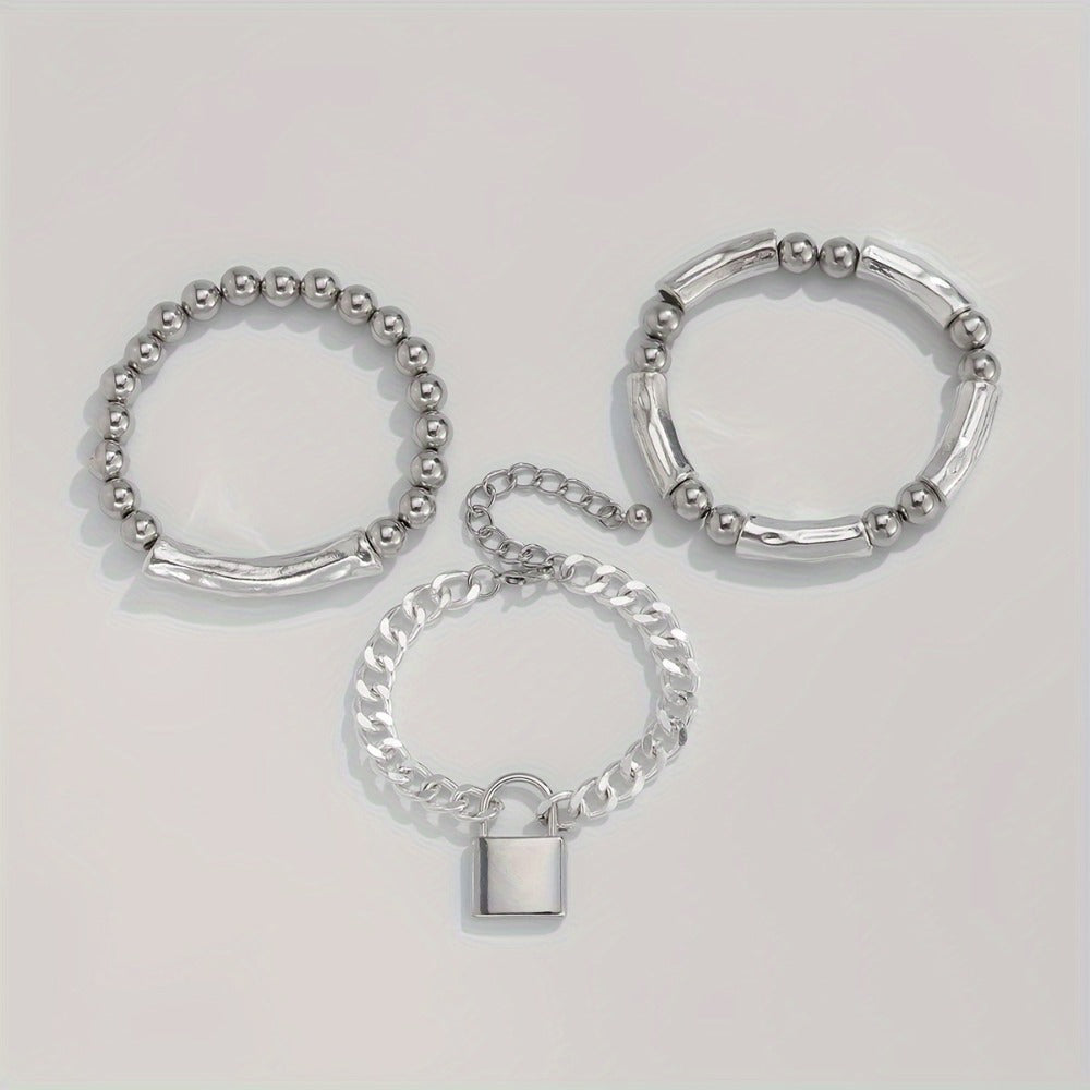 Beaded Bracelet - S925 Silver Punk Set for Women 3pcs Stackable Bangles with Lock Pendant - product detail view 3