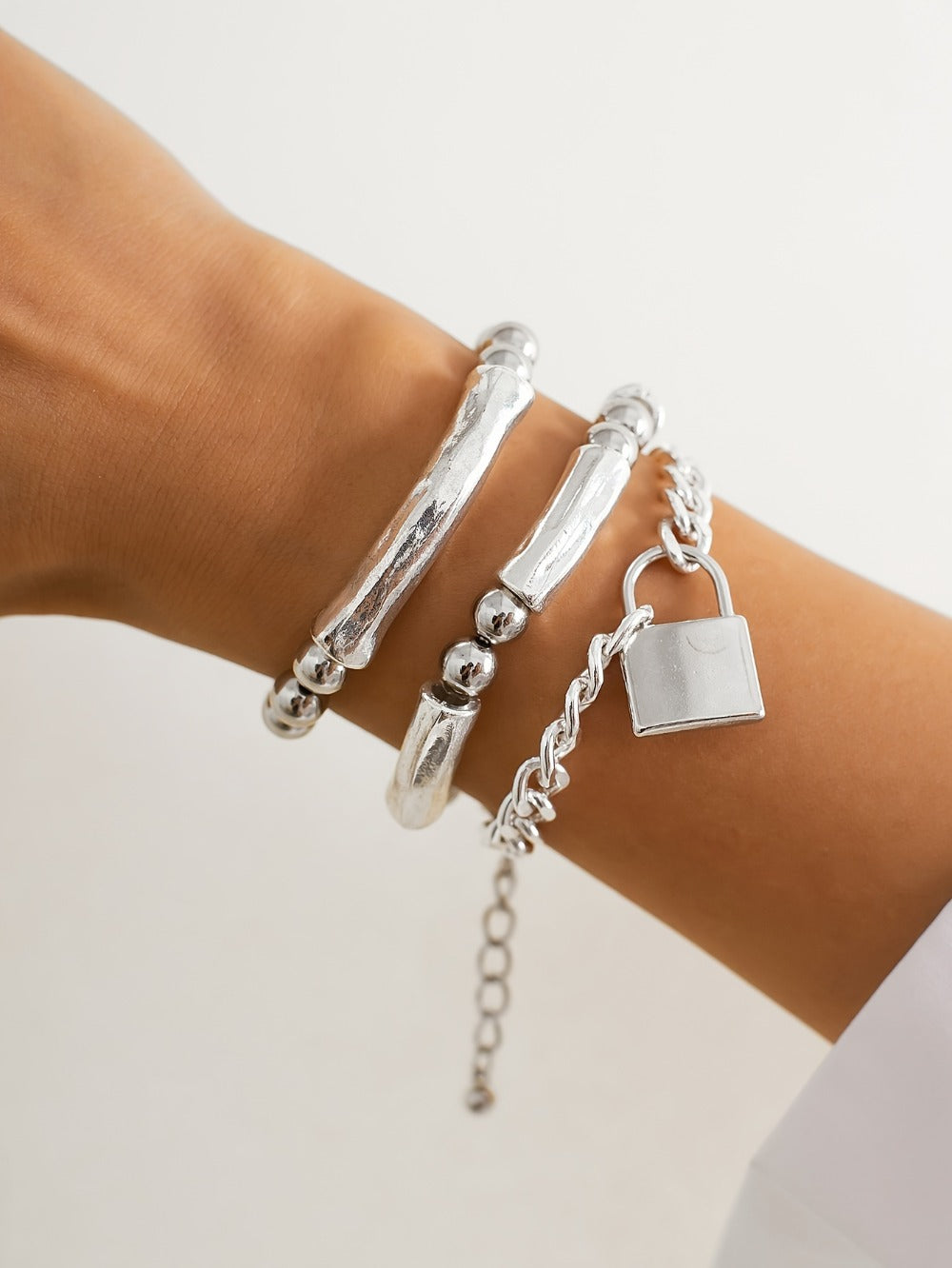 Beaded Bracelet - S925 Silver Punk Set for Women 3pcs Stackable Bangles with Lock Pendant - product detail view 9