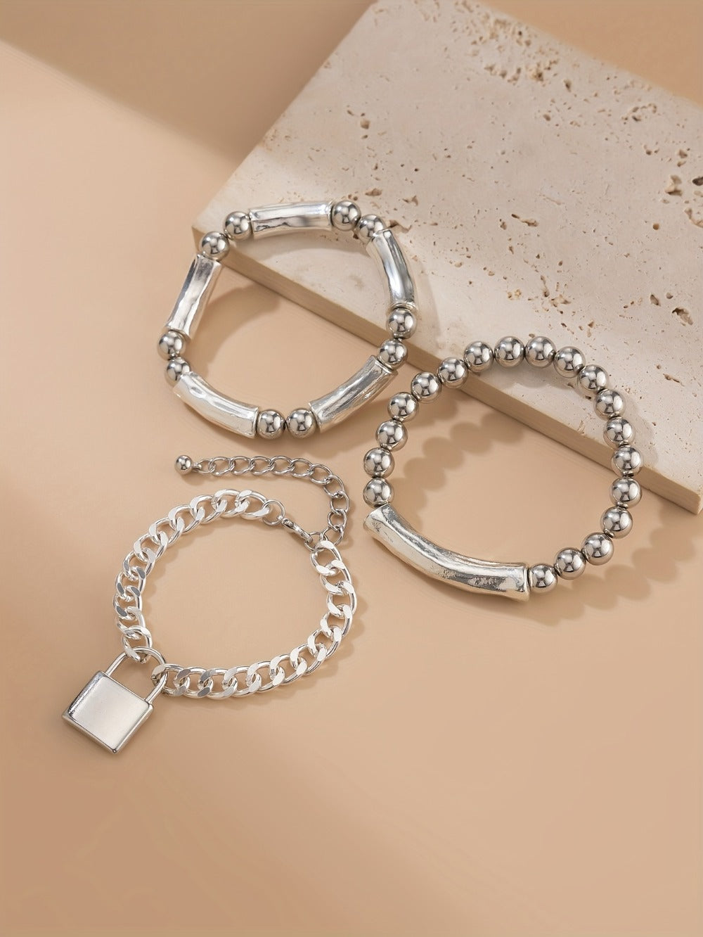 Beaded Bracelet - S925 Silver Punk Set for Women 3pcs Stackable Bangles with Lock Pendant - product detail view 11