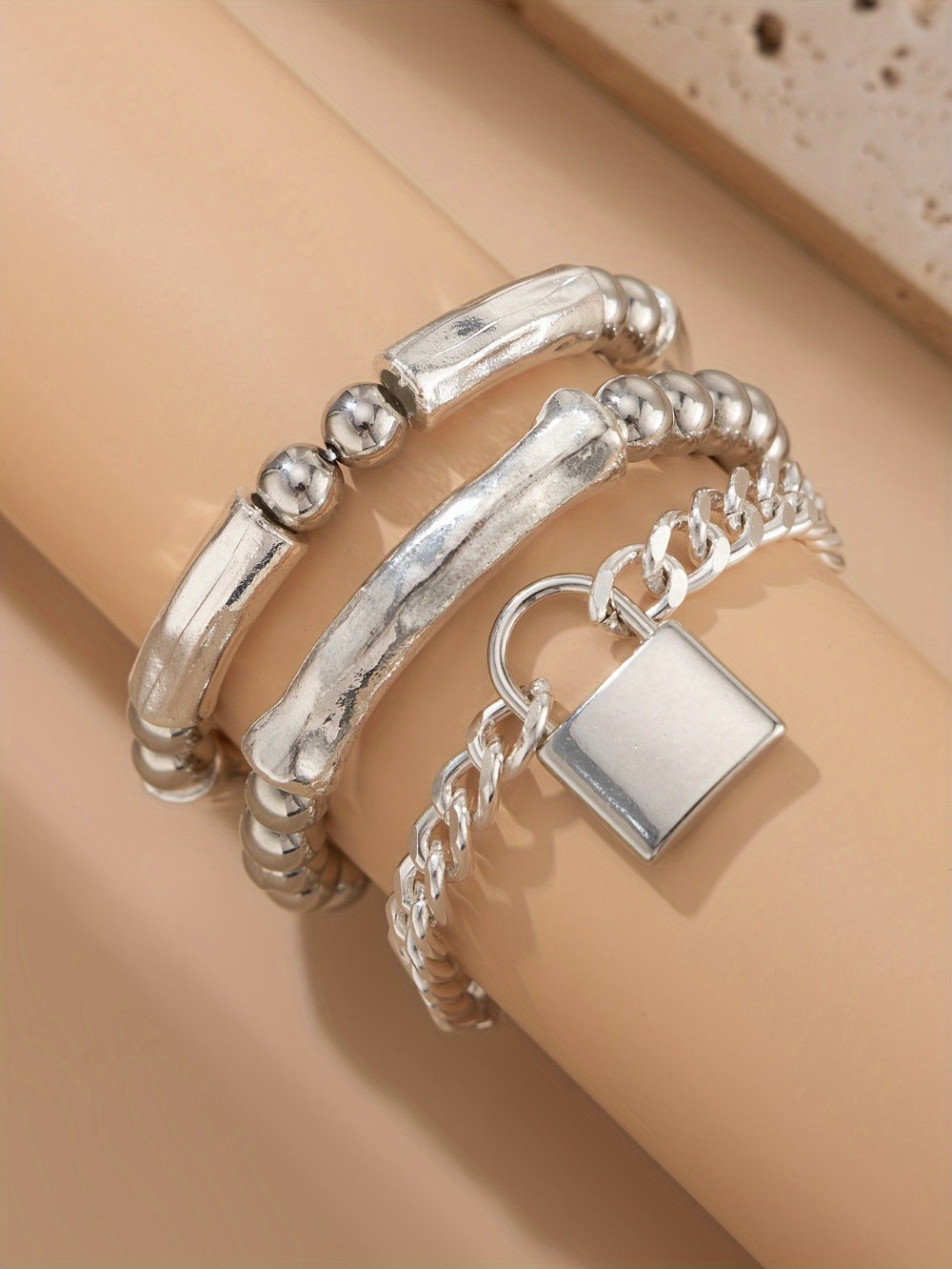 Beaded Bracelet - S925 Silver Punk Set for Women 3pcs Stackable Bangles with Lock Pendant - product detail view 12