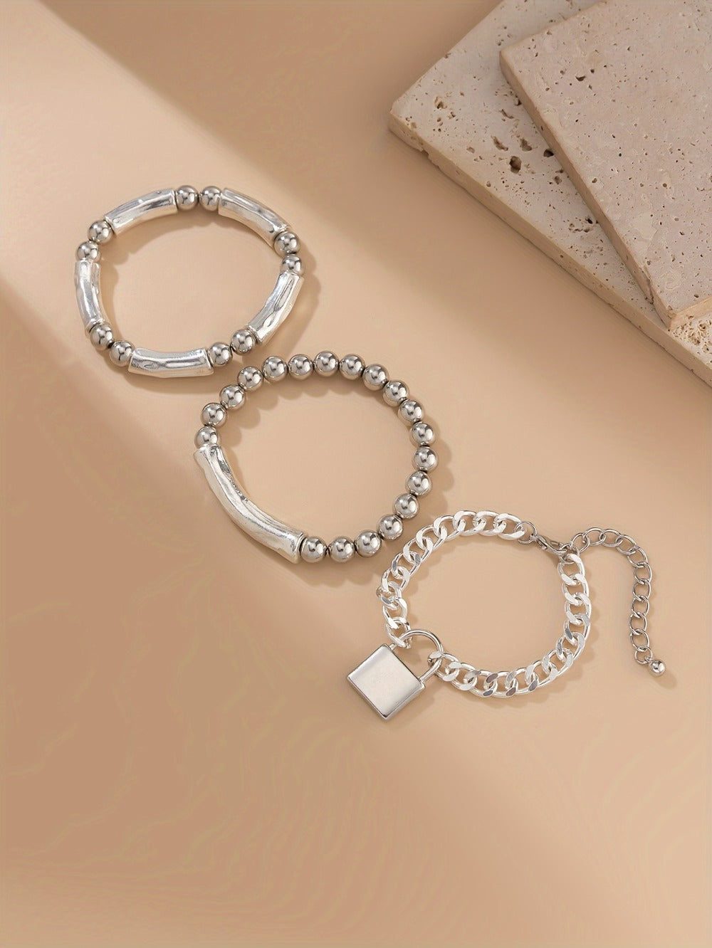 Beaded Bracelet - S925 Silver Punk Set for Women 3pcs Stackable Bangles with Lock Pendant - product detail view 13
