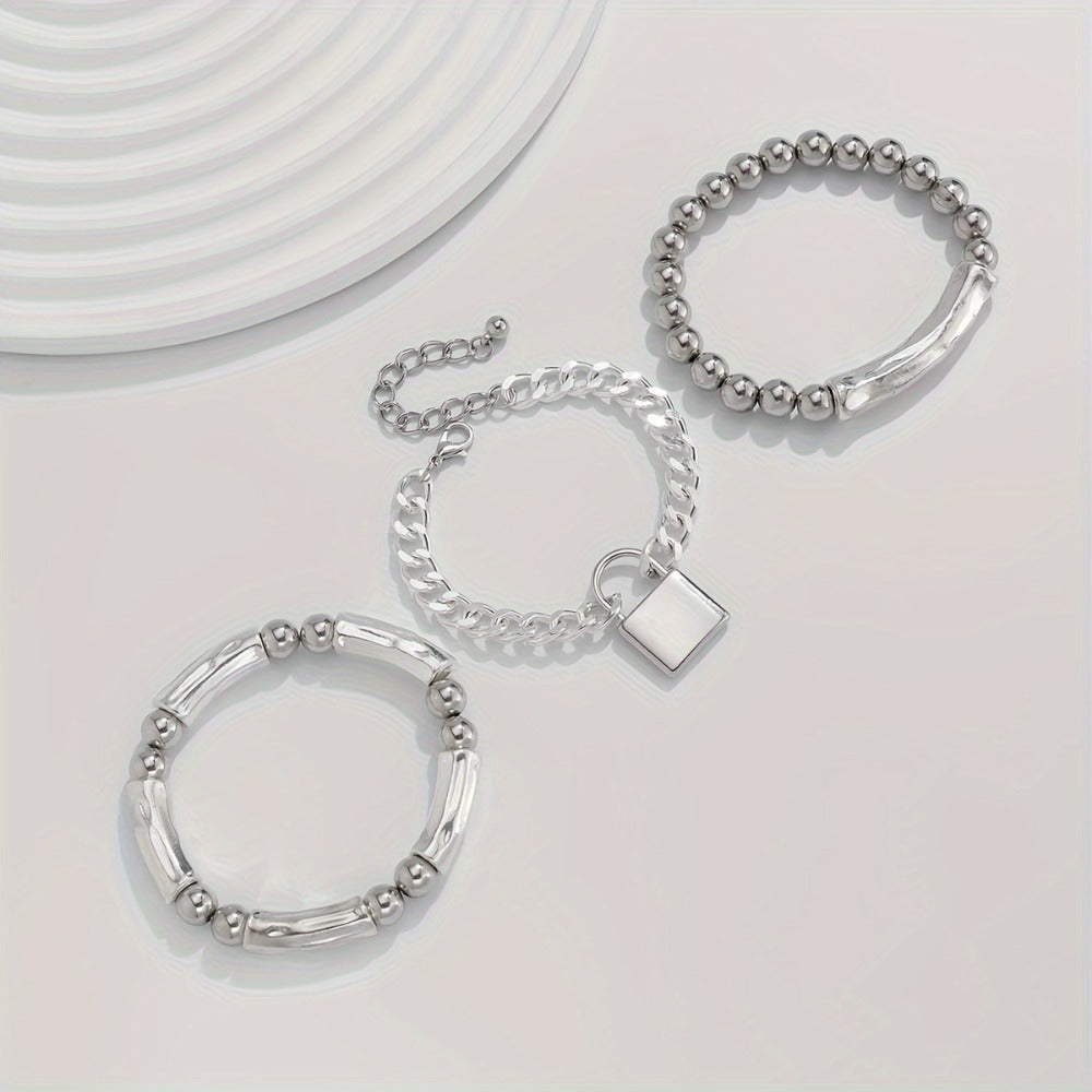 Beaded Bracelet - S925 Silver Punk Set for Women 3pcs Stackable Bangles with Lock Pendant - product detail view 14