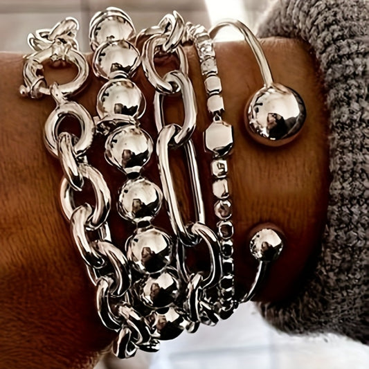Beaded Bracelet - Set 5pcs Women Minimalist Mixed Style Stack with Round Bead, Square & Bold - main product view
