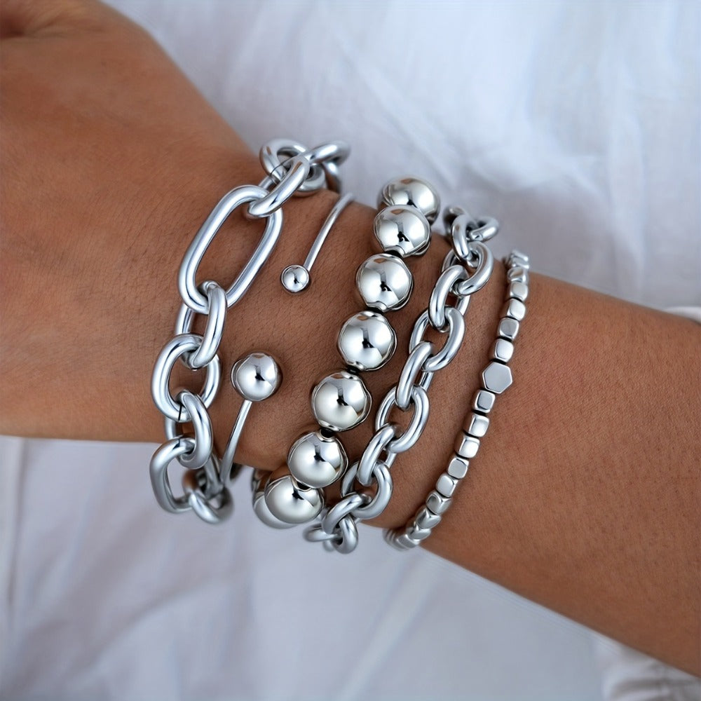Beaded Bracelet - Set 5pcs Women Minimalist Mixed Style Stack with Round Bead, Square & Bold - product detail view 2