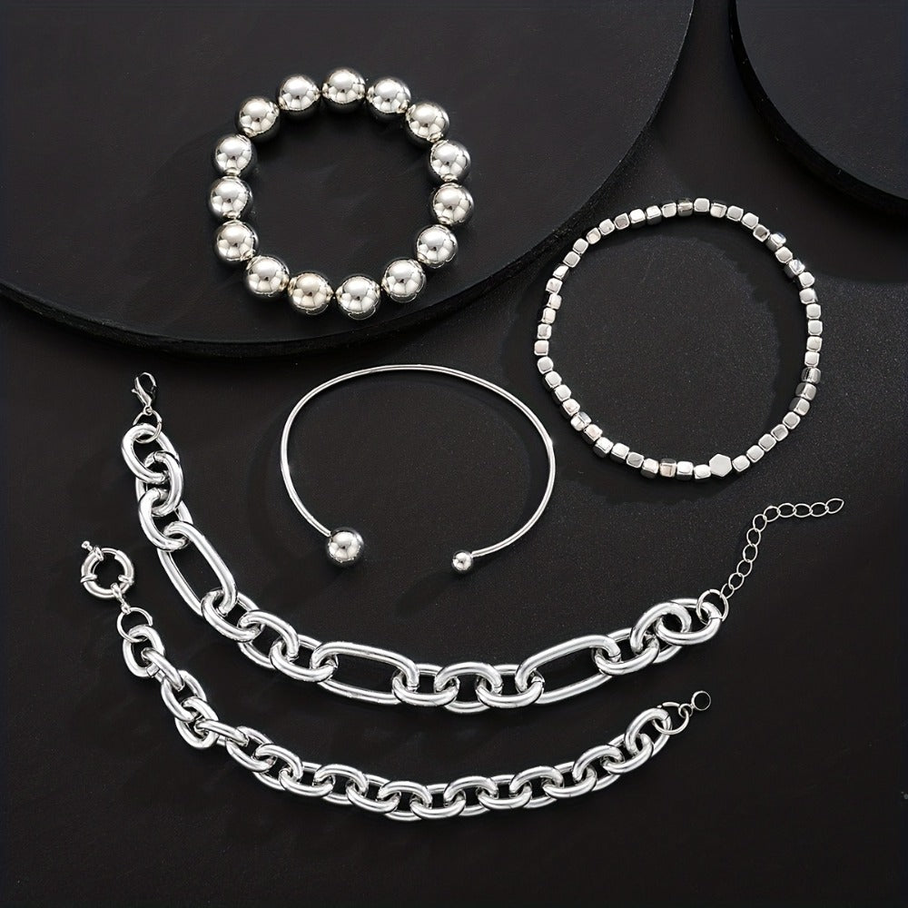 Beaded Bracelet - Set 5pcs Women Minimalist Mixed Style Stack with Round Bead, Square & Bold - product detail view 3