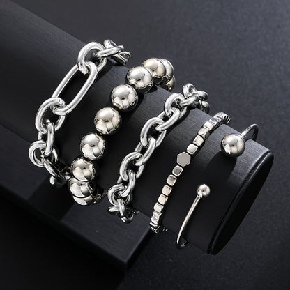 Beaded Bracelet - Set 5pcs Women Minimalist Mixed Style Stack with Round Bead, Square & Bold - product detail view 5