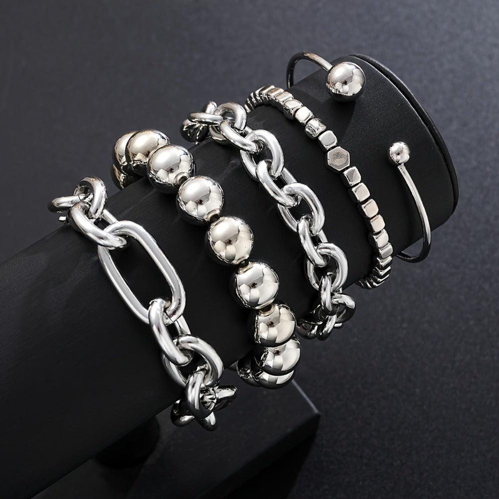 Beaded Bracelet - Set 5pcs Women Minimalist Mixed Style Stack with Round Bead, Square & Bold - product detail view 6