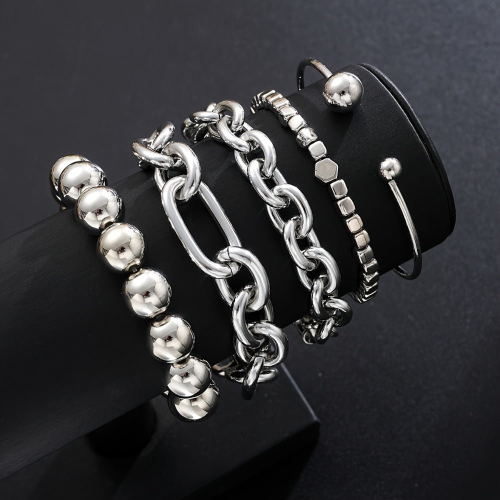 Beaded Bracelet - Set 5pcs Women Minimalist Mixed Style Stack with Round Bead, Square & Bold - product detail view 8