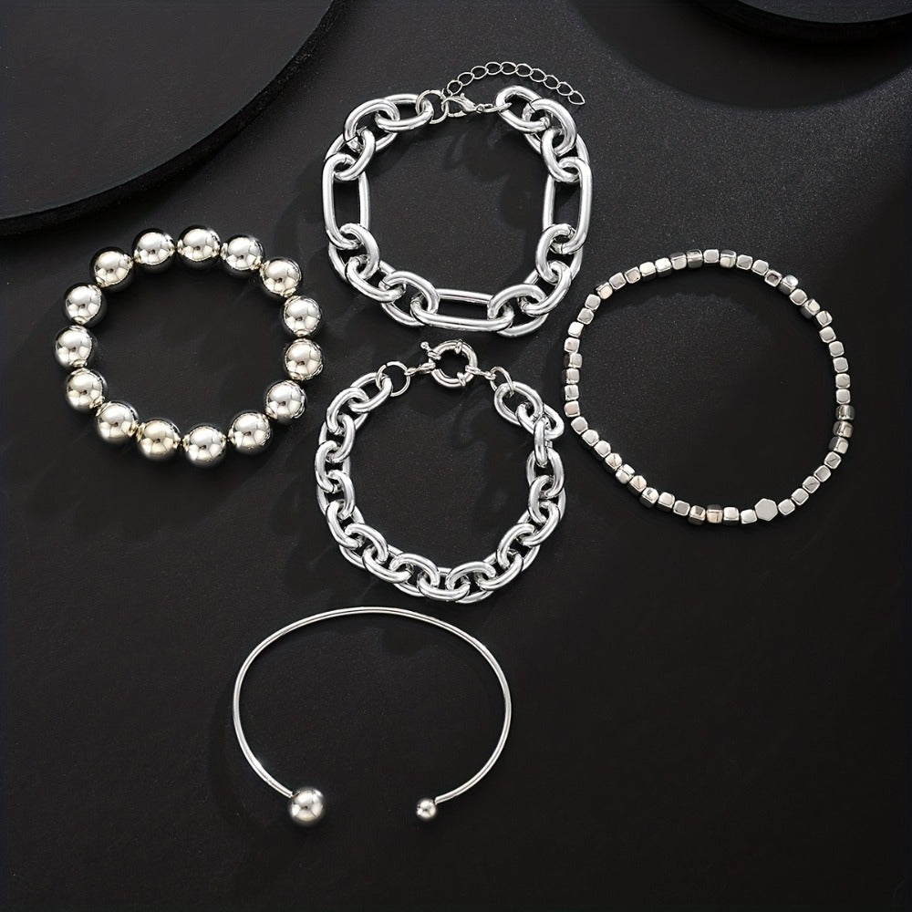 Beaded Bracelet - Set 5pcs Women Minimalist Mixed Style Stack with Round Bead, Square & Bold - product detail view 9