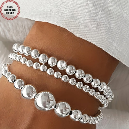Beaded Bracelet - Set of 3 S925 Sterling Silver Round Handcrafted Bead Stackable for Women - main product view
