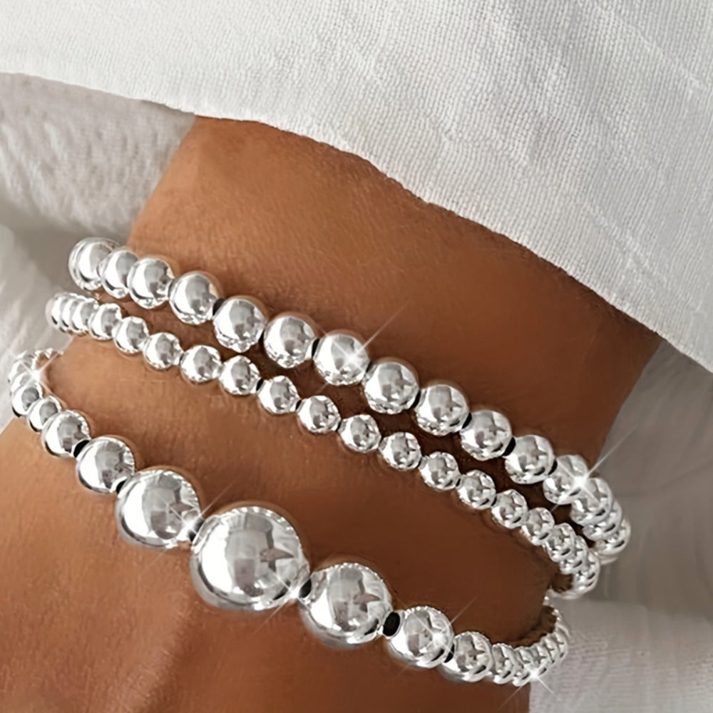 Beaded Bracelet - Set of 3 S925 Sterling Silver Round Handcrafted Bead Stackable for Women - product detail view 8