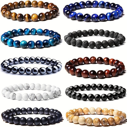 Beaded Bracelet - Tiger Eye Natural Stone Set 10pcs - 8mm Round Stretch for Men & Women - main product view