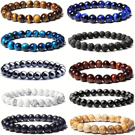 Beaded Bracelet - Tiger Eye Natural Stone Set 10pcs - 8mm Round Stretch for Men & Women - main product view