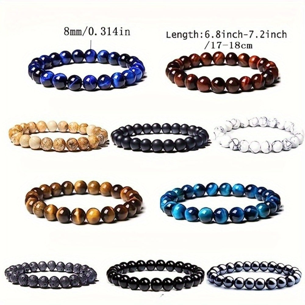 Beaded Bracelet - Tiger Eye Natural Stone Set 10pcs - 8mm Round Stretch for Men & Women - product detail view 2