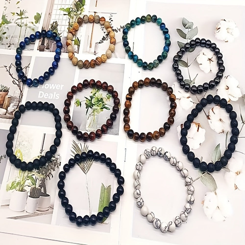 Beaded Bracelet - Tiger Eye Natural Stone Set 10pcs - 8mm Round Stretch for Men & Women - product detail view 4