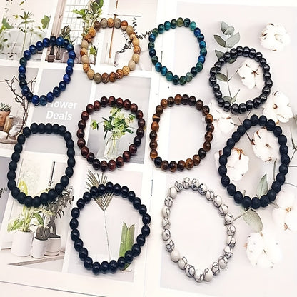 Beaded Bracelet - Tiger Eye Natural Stone Set 10pcs - 8mm Round Stretch for Men & Women - product detail view 4