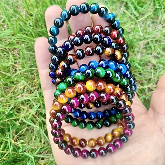 Beaded Bracelet - Tiger Eye Stone Set 8Pcs - 8mm Handmade Natural Stone , Multicolor Boho - main product view