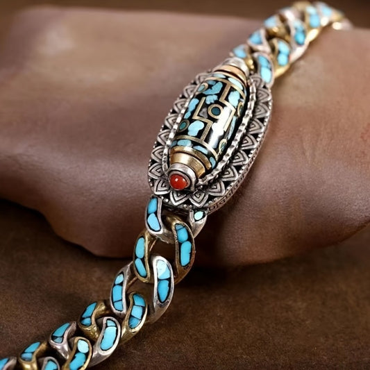 Beaded Bracelet - Turquoise Bead for Men - Stainless Steel Chain with Natural Stone Accents - main product view