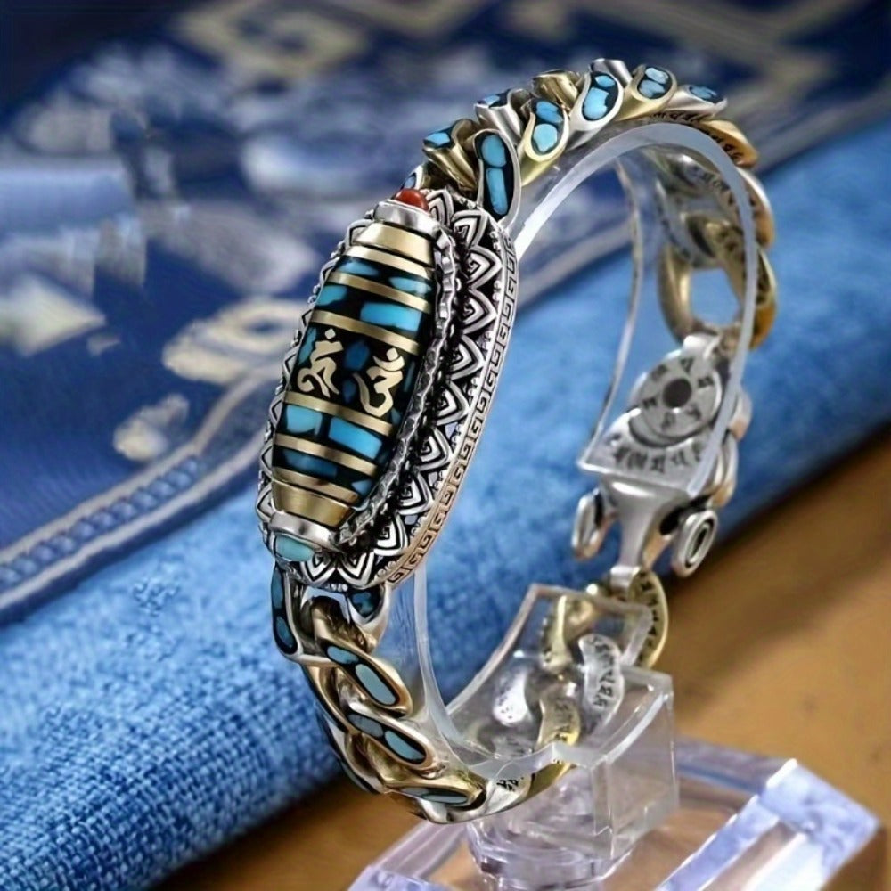Beaded Bracelet - Turquoise Bead for Men - Stainless Steel Chain with Natural Stone Accents - product detail view 2