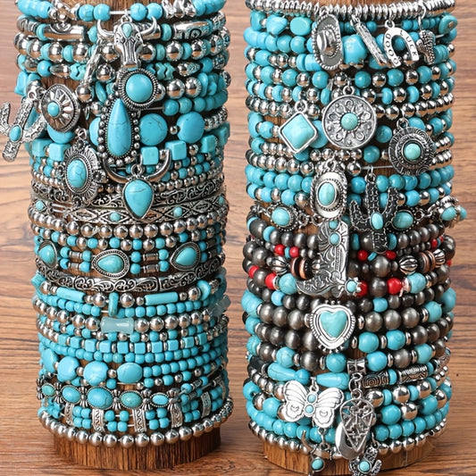 Beaded Bracelet - Turquoise Set Boho Western Vintage Multilayer Stacked Beads Charms Unisex - main product view