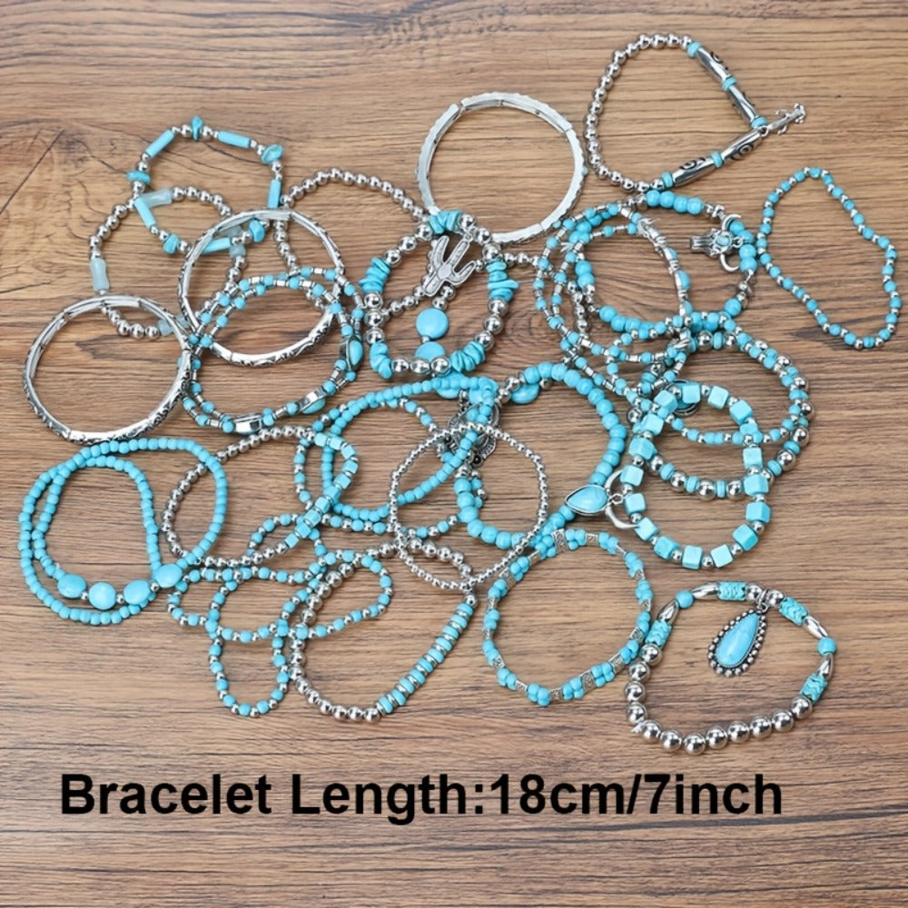 Beaded Bracelet - Turquoise Set Boho Western Vintage Multilayer Stacked Beads Charms Unisex - product detail view 4