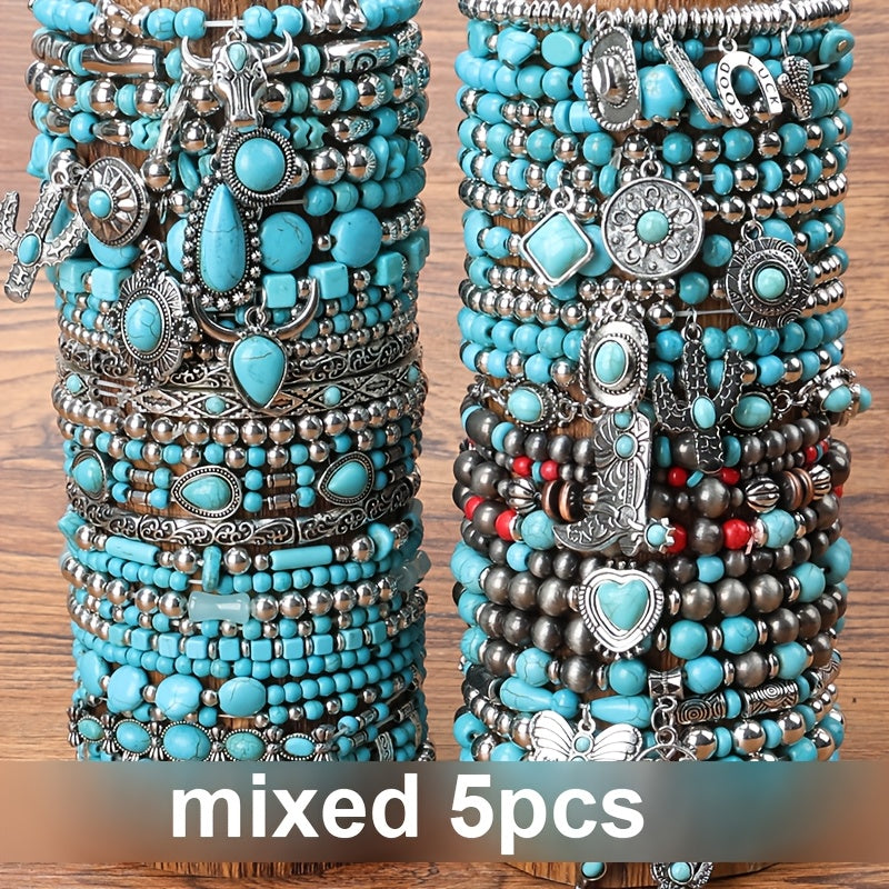 Beaded Bracelet - Turquoise Set Boho Western Vintage Multilayer Stacked Beads Charms Unisex - product detail view 10