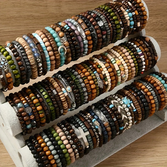 Beaded Bracelet - Wooden Bead Set 36pcs for Women & Men Handmade Assorted Wood with Zinc - main product view