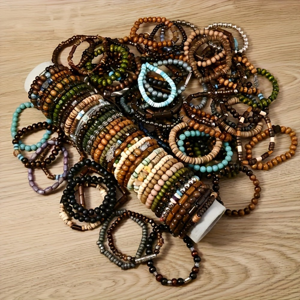 Beaded Bracelet - Wooden Bead Set 36pcs for Women & Men Handmade Assorted Wood with Zinc - product detail view 3