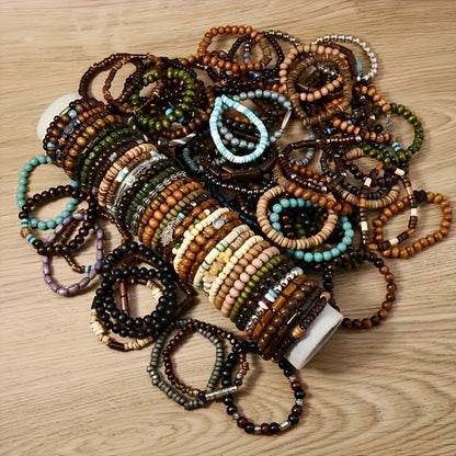 Beaded Bracelet - Wooden Bead Set 36pcs for Women & Men Handmade Assorted Wood with Zinc - product detail view 3