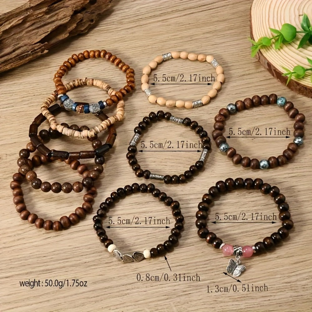 Beaded Bracelet - Wooden Bead Set 36pcs for Women & Men Handmade Assorted Wood with Zinc - product detail view 4