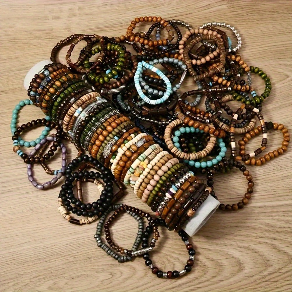 Beaded Bracelet - Wooden Bead Set 36pcs for Women & Men Handmade Assorted Wood with Zinc - product detail view 5