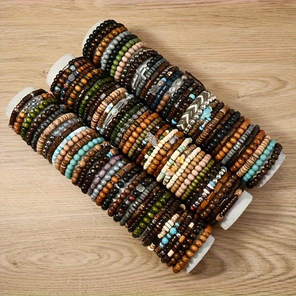 Beaded Bracelet - Wooden Bead Set 36pcs for Women & Men Handmade Assorted Wood with Zinc - product detail view 6