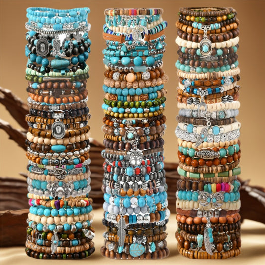 Beaded Bracelet - Wooden Bead Set 40pcs Bulk Vintage Western Boho Women Multi Layer Assorted - main product view