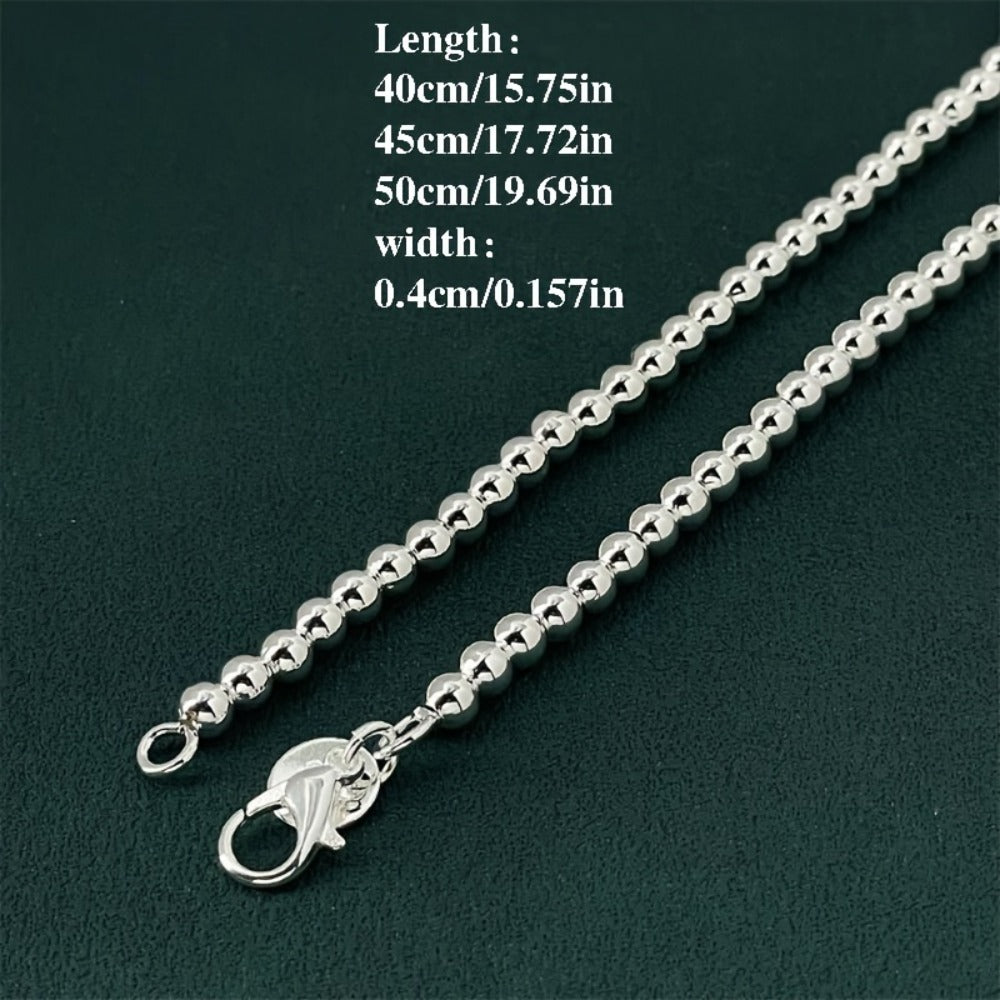 Beaded Necklace for Women - 925 Silver Beaded, Polished Ball Chain - size chart Length: 40cm/15.75in