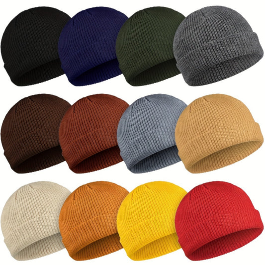 Beanie Hat - Knit Set of 12 Cuffed Roll-Up Edge for Men & Women, Lightweight Stretch - main product view