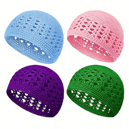 Beanie Hat - Knit Set of 4 Thick Acrylic Skull Cap with Hollowed Wheat Ear Pattern - product detail view 29