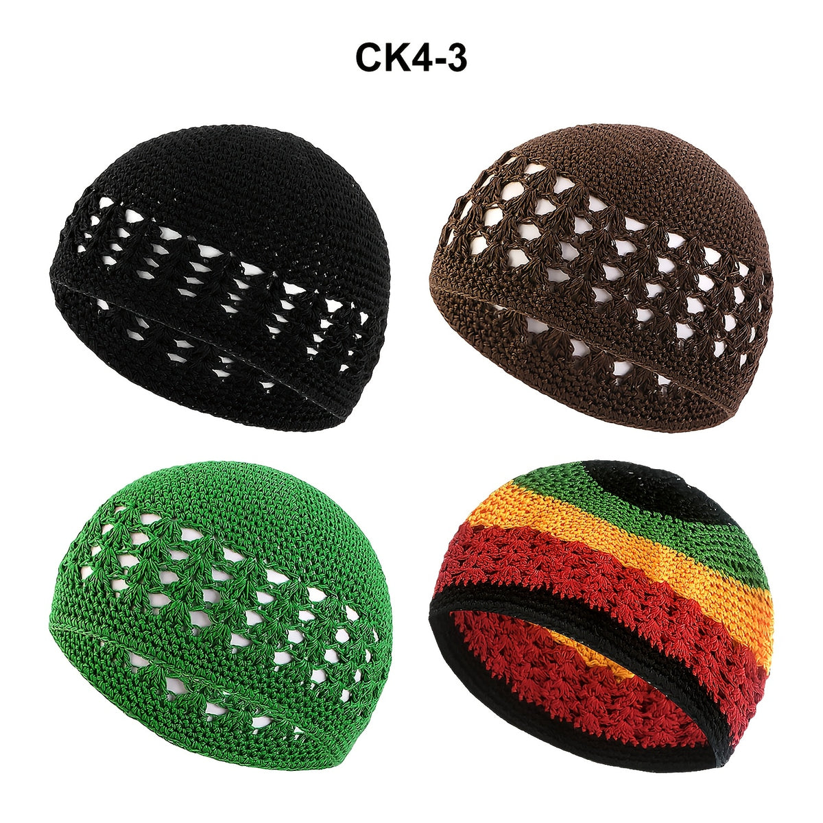 Beanie Hat - Knit Set of 4 Thick Acrylic Skull Cap with Hollowed Wheat Ear Pattern - product detail view 33