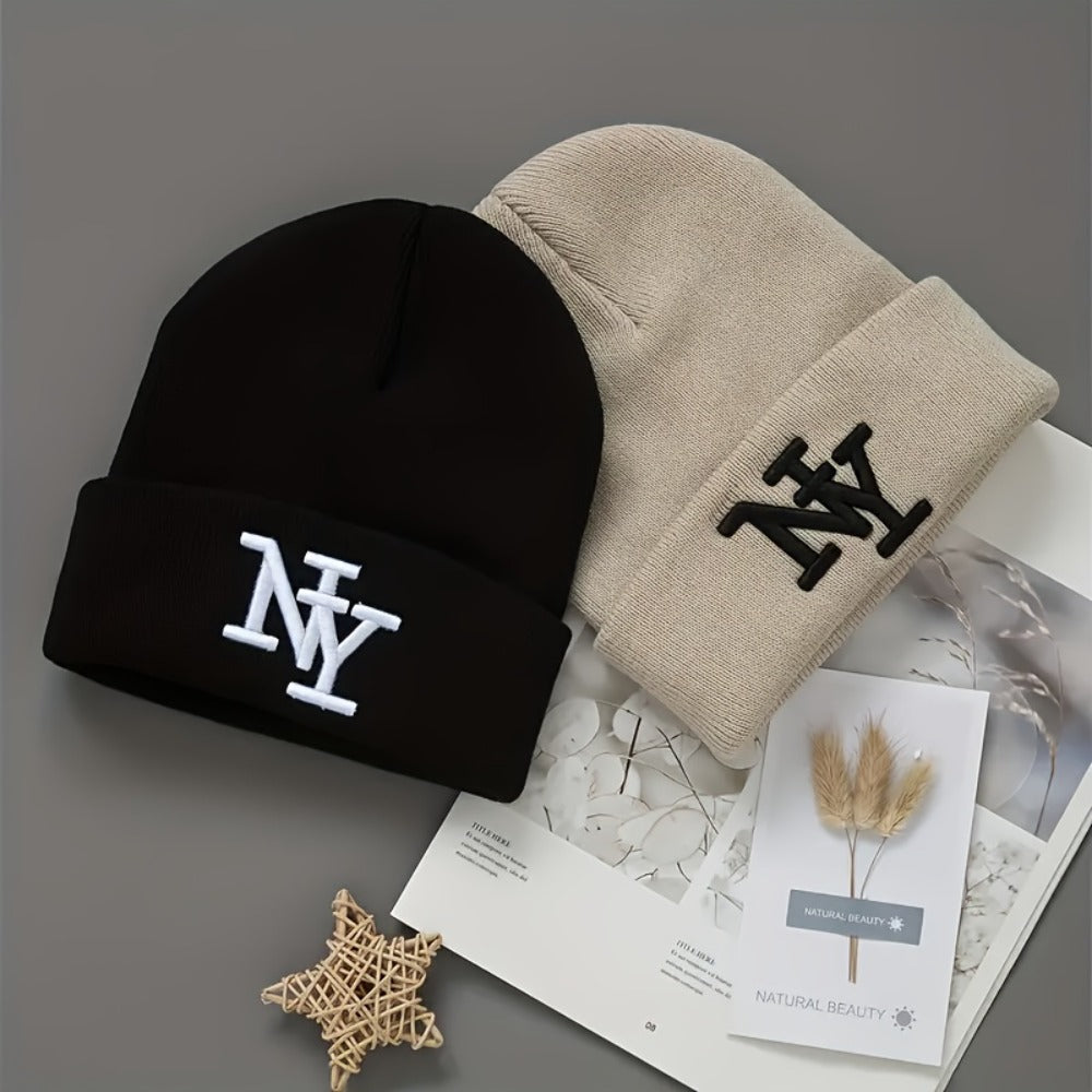 Beanie Hat - Knitted 2Pcs Set Embroidered Letter Cuffed Skull Cap Unisex Winter Warm - product detail view 3