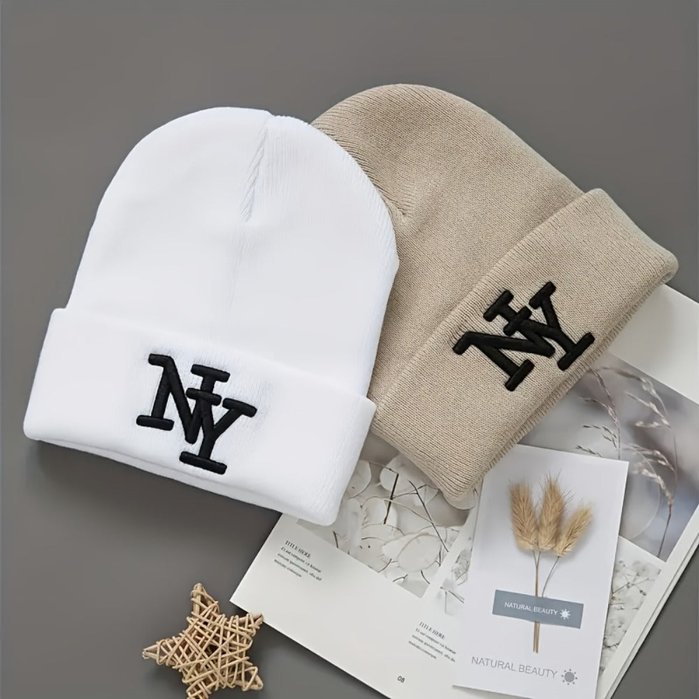 Beanie Hat - Knitted 2Pcs Set Embroidered Letter Cuffed Skull Cap Unisex Winter Warm - product detail view 4