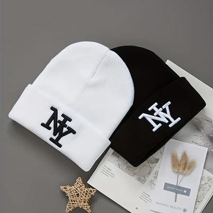 Beanie Hat - Knitted 2Pcs Set Embroidered Letter Cuffed Skull Cap Unisex Winter Warm - product detail view 6