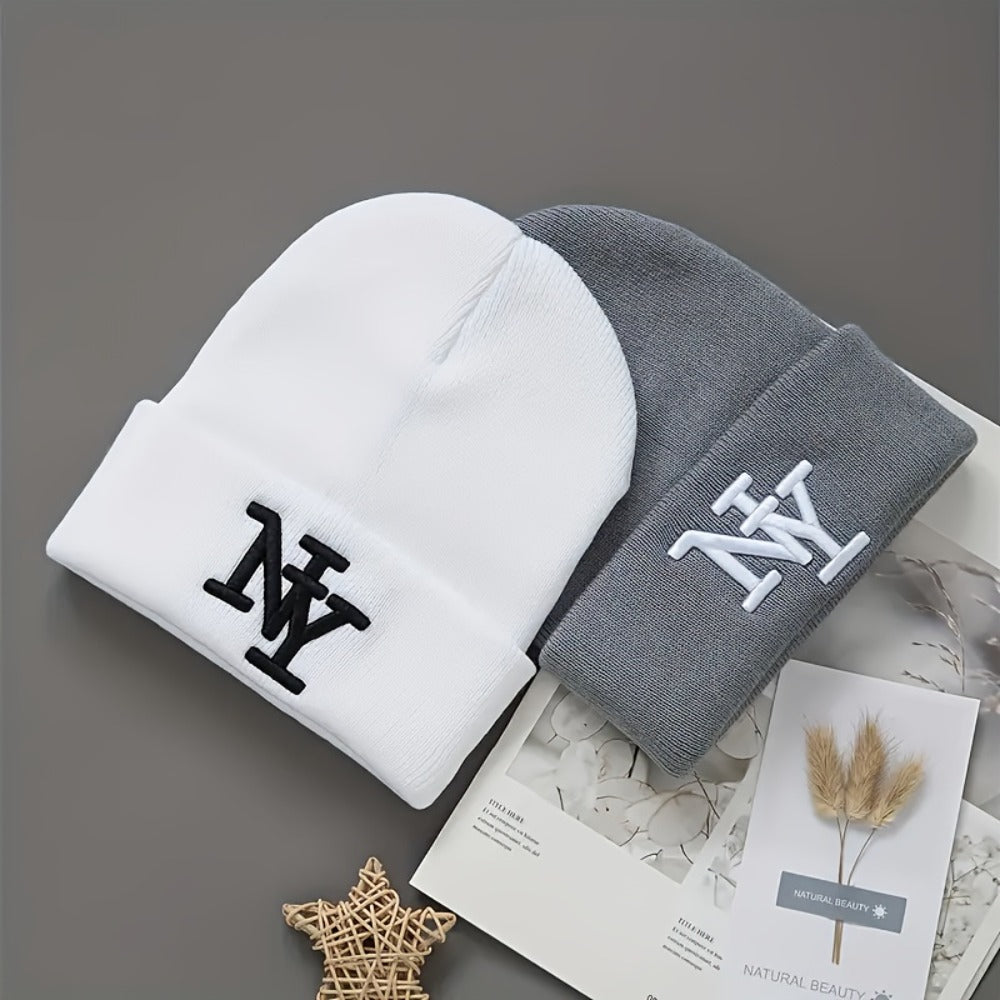 Beanie Hat - Knitted 2Pcs Set Embroidered Letter Cuffed Skull Cap Unisex Winter Warm - product detail view 8