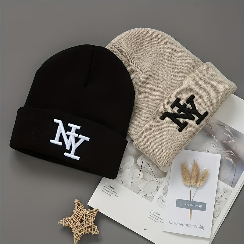 Beanie Hat - Knitted 2Pcs Set Embroidered Letter Cuffed Skull Cap Unisex Winter Warm - product detail view 10