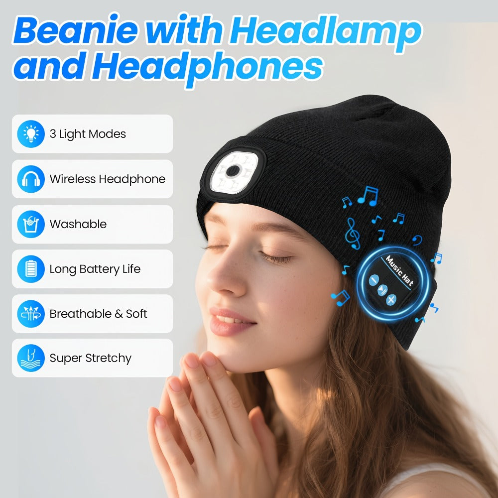 Beanie Hat - LED Light Up with USB Headphones Knit Skull Cap Music for Night Running - product detail view 2