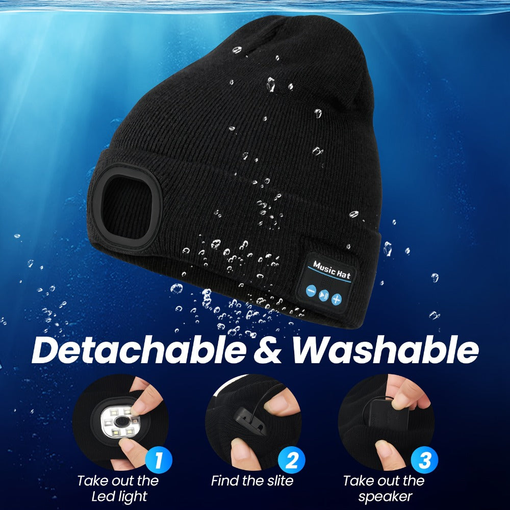 Beanie Hat - LED Light Up with USB Headphones Knit Skull Cap Music for Night Running - product detail view 5