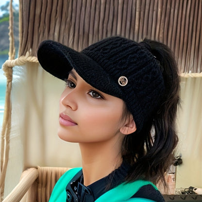 Beanie Hat - Ponytail Visor Women Fleece Lined Warm Stretchy - Soft Skin-Friendly - product detail view 3