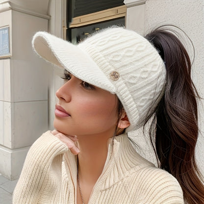 Beanie Hat - Ponytail Visor Women Fleece Lined Warm Stretchy - Soft Skin-Friendly - product detail view 4