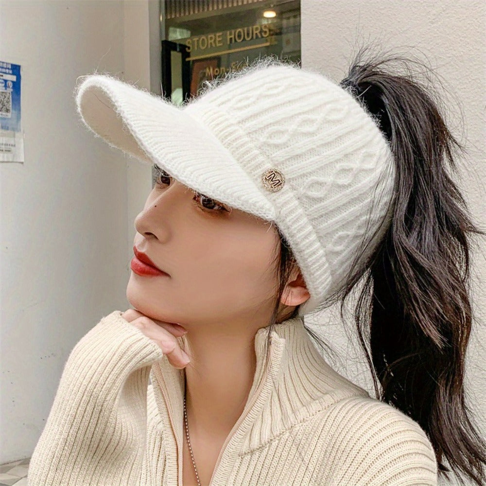 Beanie Hat - Ponytail Visor Women Fleece Lined Warm Stretchy - Soft Skin-Friendly - product detail view 8