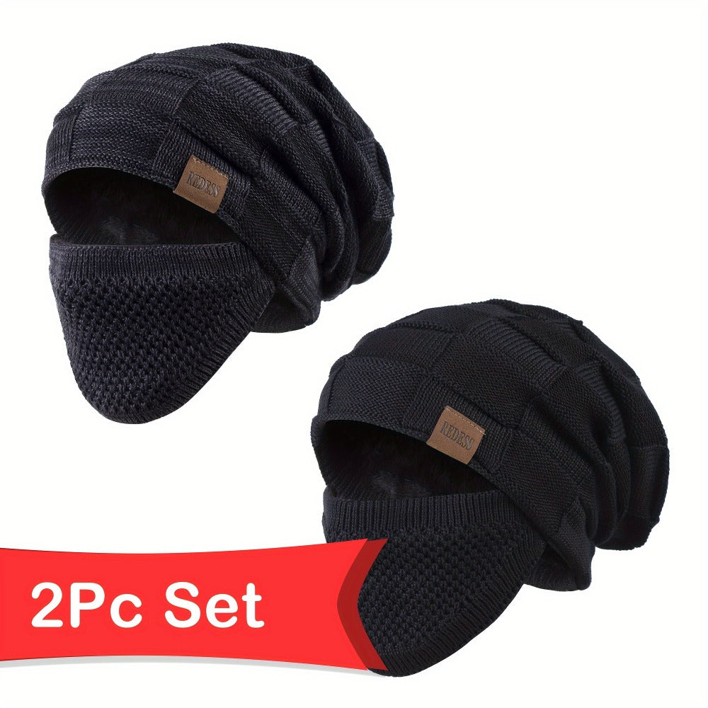 Beanie Hat Set - Winter with Face Cover Knit Slouchy Thick Balaclava Ski Mask for Men Women - product detail view 3