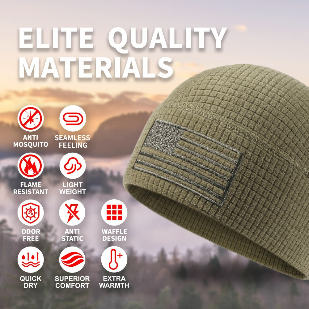 Beanie Hat - Tactical American Flag Embroidery Waffle Knit Grid Fleece Military Cap - product detail view 2